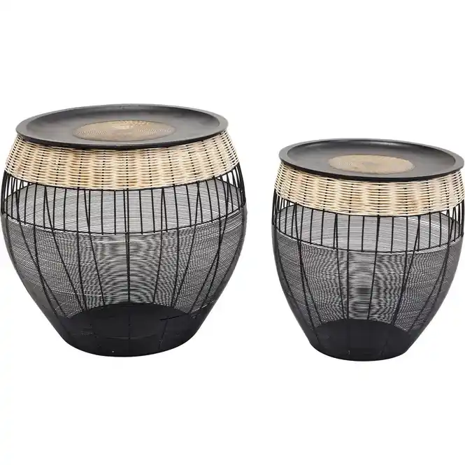 Merkproduct Kare Design African Drums Bijzettafel - Set Van 2 - Zwart Metaal Rotan
